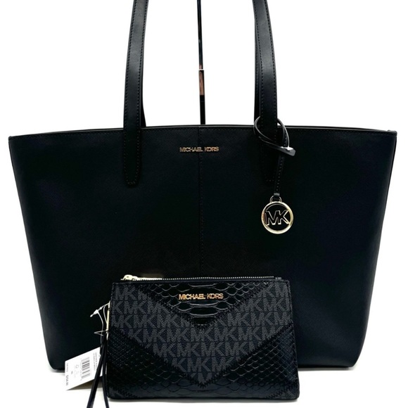 Michael Kors Medium Jet Set Travel Zip Tote Bag & Double Zip Wallet Black/Gold - Picture 1 of 13
